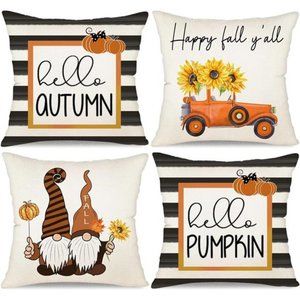 (Only Covers) Set of 4 Fall Pillow Covers 18x18 Hello Pumpkins Welcome Trucks